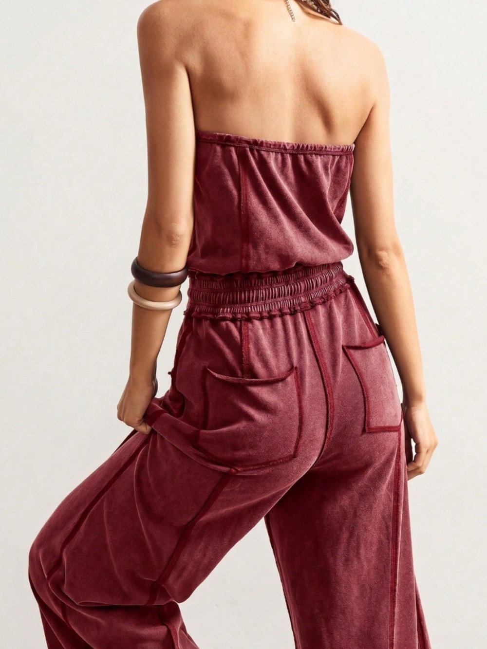 Strapless Burgundy Boho Wide Leg Jumpsuit with Pockets - Picture 4 of 8